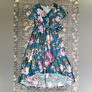 Teal Floral Wrap Midi Dress with Belt